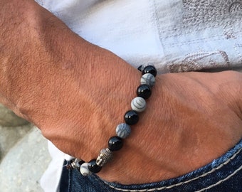 Men’s Infinite Energy Mala Bracelet | Grey Zebra Jasper | Black Onyx | Mala Beads | Wrist Mala | Reiki Infused | Strength | Increases Energy