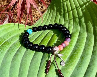 NEW! Music Mala Bracelet | Beautiful Natural Ruby | Black Onyx | Blue Apatite | Red Garnet | Sterling Silver Musical Charm | Inspiration