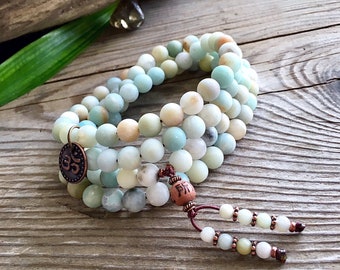 Luck & Abundance Wrap | Mala Bracelet or Necklace | AAA Frosted Amazonite Gemstones | Om | Reiki Healing | Meditation | Manifestation