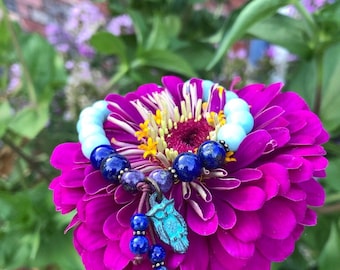 Whispering Owl Mala Bracelet | Amazonite | Blue Lapis Lazuli | Purple Charoite | Owl Charm | Eases Worry | Divine Guidance | New Path