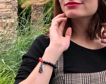 Rising Phoenix Mala Bracelet | Fiery Red Carnelian | Black Onyx | Angel | Feather | Overcoming Darkness | Courage | Confidence | Energy