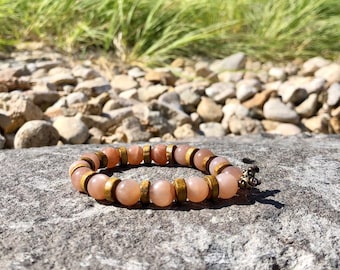 Drifting in Light Mala Bracelet | Luscious Soft Peach Sunstone | Natural Coconut Wood | Lifts Mood | Optimism | Enthusiasm | Unisex