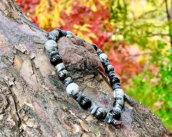 Men’s Synergy Mala Bracelet | Black Onyx | Larvikite | Hematite | Grey Crazy Lace Agate | Healing | Equilibrium | Strength | Pain Relief