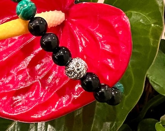 Owl Spirit Mala Bracelet | Natural Malachite | Black Obsidian | Shungite | .925 Sterling Silver Owl | Wisdom | Success | New Opportunities
