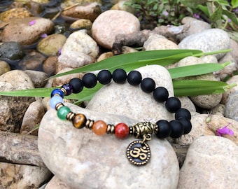 Seven Chakra Mala Bracelet | Onyx | Red Jasper | Adventurine | Tiger Eye | Lapis | Blue Lace Agate | Amethyst | Balances Heals ALL Chakras