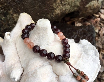 Shakti Mala Bracelet | Luxury Gemstone Mala Beads | AAA Garnet | AAA Sunstone | Picture Jasper | Love | Optimism | Success | Empowerment