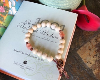 Morning Meditation Mala Bracelet | Ivory Fossil Jasper | Peach Sunstone | Luxury Gemstone Mala Beads | Optimism | Self Love | Energy