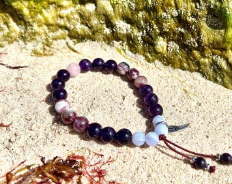 Angel Mist Mala Bracelet | Soothing Purple Amethyst | Blue Lace Agate | Eudialyte | Rose Quartz | Ruby | Stress Relief | Angelic Comfort