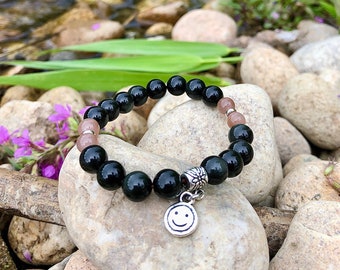 Kid’s Happy Mala Bracelet | AAA Rainbow Obsidian | AAA Peach Sunstone | Reiki Healing Mala Beads | Protection | Light Heart | Optimism