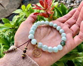 Mandala Moon Mala Bracelet | Luscious Green Moonstone | Green Rutilated Quartz | Smoky Quartz | Intuition | Higher Purpose | Manifestation