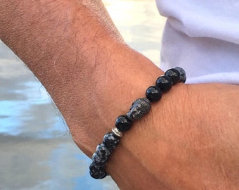 Men’s Confidence & Strength Bracelet | Reiki Healing Mala Beads | Snowflake Obsidian | Black Onyx | Strong Protection | Emotional Stability