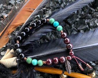 Men’s Tribal Wisdom Mala Bracelet | Native | Black Obsidian | Natural Turquoise | Red Garnet | Spiritual Protection | Live Life With Ease