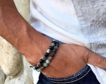 Men's Motivation Set | Two Mala Bead Bracelets | Amazonite | Zebra Jasper | Onyx | Natural Gemstones | Increases Energy | Success | Drive
