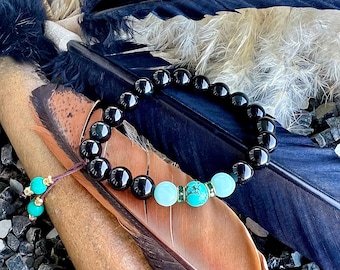 Women’s Energy Protection Mala Bracelet | Powerful AAA Natural Crystals | Obsidian | Black Tourmaline | Turquoise | Peruvian Amazonite