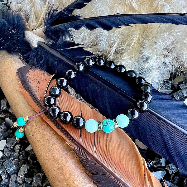 Womens Energy Protection Mala Bracelet | Powerful AAA Natural Crystals | Obsidian | Black Tourmaline | Turquoise | Peruvian Amazonite