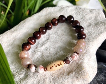 So Loved Mala Bracelet | Luxury Gemstones | AAA Red Tiger Eye | AAA Peach Moonstone | AAA Crazy Lace Agate | Gratitude | Love | Happiness