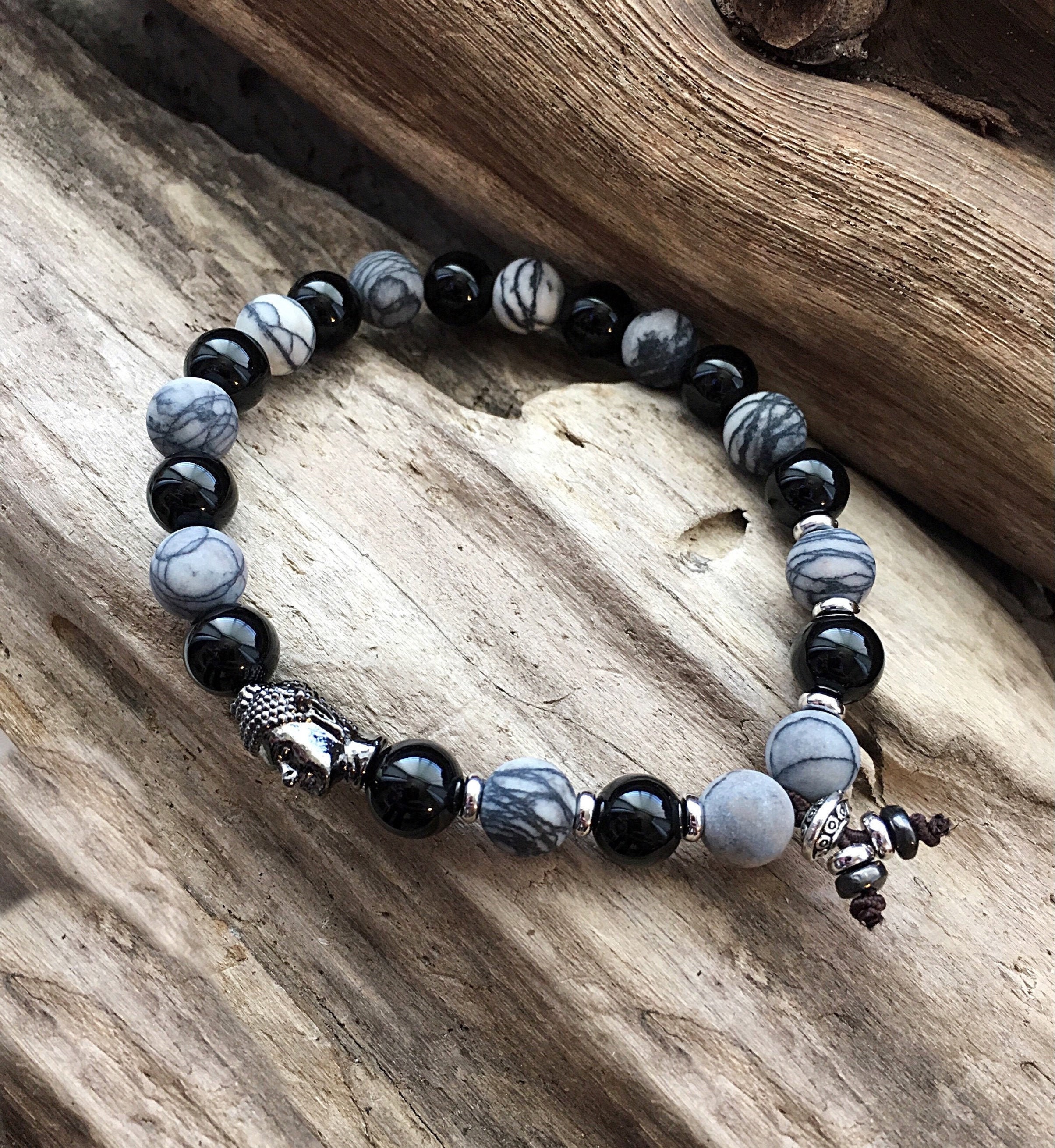 Men's Infinite Energy Mala Bracelet | Grey Zebra Jasper | Black Onyx ...