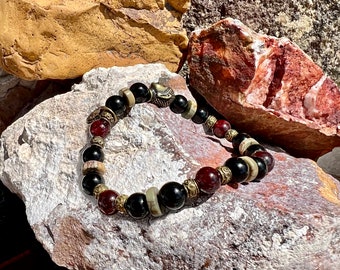 Men’s Ancient Truth Mala Bracelet | AAA Black Onyx | AAA Red Garnet | Picasso Jasper | Om | Centering | Grounding | Strength | Success