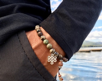 Men’s Zakti Mala Bracelet | Rainforest Agate Gemstones | Crystal Healing | Reiki Infused | Balances ALL Chakras | Protection | Strength