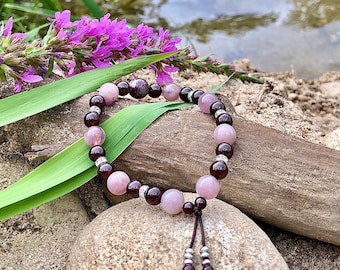 Ecstasy Mala Bracelet | Beautiful Natural Lavender Madagascar Rose Quartz | AAA Brazilian Red Garnet | Passion | Sex | Love | Euphoria