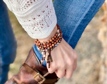 Blessed Life Bracelet Set | Two Double Wrap Malas | Authentic Sandalwood | Pietersite | Sunstone | Garnet | Optimism | Divine Guidance | Joy