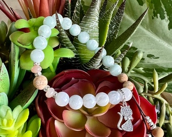 NEW! Cat Spirit Mala Bracelet | AAA White Green and Peach Moonstone | Picture Jasper | Silver  Charm | Intuition | Clairvoyance | Softness