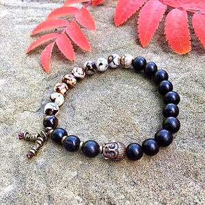 Men's Tashi Mala Bracelet Matte Black Onyx Gemstones Wood Grain Agate Luxury Mala Beads Health Balance Protection Abundance image 2