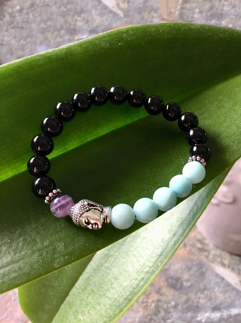 Meditation Black Onyx Alignment Prana Mala Bracelet Amethyst Crystal Mala Beads Reiki Healing Clears Confusion Amazonite