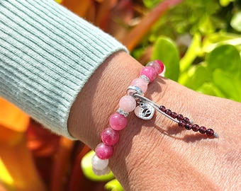 Forever Friends Mala Bracelet | Beautiful Watermelon Tourmaline | Rose Quartz | Moonstone | Garnet | Sterling Silver Charm | Friendship