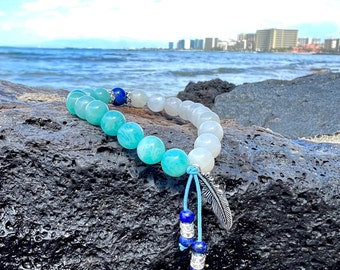 NEW! Feather Mala Bracelet | Gorgeous Peruvian Amazonite | Luxury White Moonstone | Lapis Lazuli | Trust | Intuition | Angelic Comfort