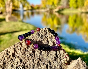 I Love You Mala Bracelet | Luxury Natural Gemstones | Black Onyx | Purple Amethyst | Red Garnet | Reiki Energy Infused | Healthy Love