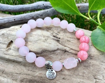 Layers of Love Mala Bracelet | Frosted Light Pink Rose Quartz | Rose Pink Jade | Lotus Charm | Reiki Infused | Healing | Unconditional Love