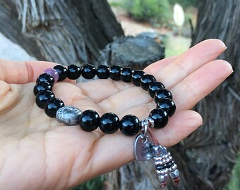 Deep Zen Mala Bracelet | Spiritual Healing Mala Beads | Obsidian | Pink Tourmaline | Hematite Buddha | Peace | Contentment | Protection