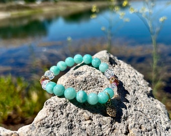 Ocean Waves Mala Bracelet | AAA Peruvian Amazonite | Genuine Ruby | Clear Crackle Quartz | Natural Luxury Gemstones  | Peaceful Bliss