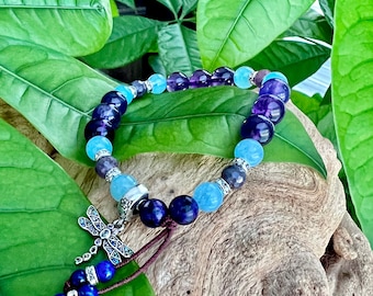 Dragonfly Spirit Mala Bracelet | Natural Ruby | Lapis | Aquamarine | Amethyst | Charoite | .925 Silver | Positive Change | Stress Relief