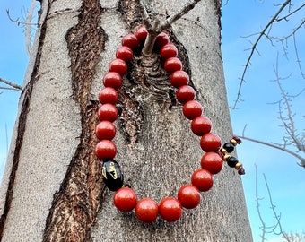 Men’s Perseverance Mala Bracelet | AAA Luxury Red Jasper | Carved Onyx | Buddhist Mani Mantra | Increases Energy | Grounding | Stress Relief