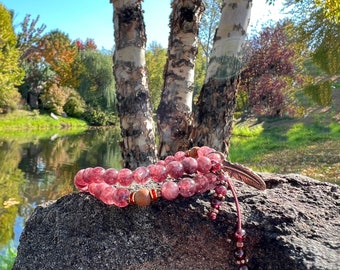 Everyday Peace Double Mala Bracelet | Lovely Natural Lavender Lepidolite | Authentic Sandalwood | Red Garnet | Feather | Om | Tranquility