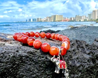 NEW! Elephant Spirit Mala Bracelet | Red Orange Carnelian Gemstones | .925 Sterling Silver Elephant Charm | Increases Energy | Confidence