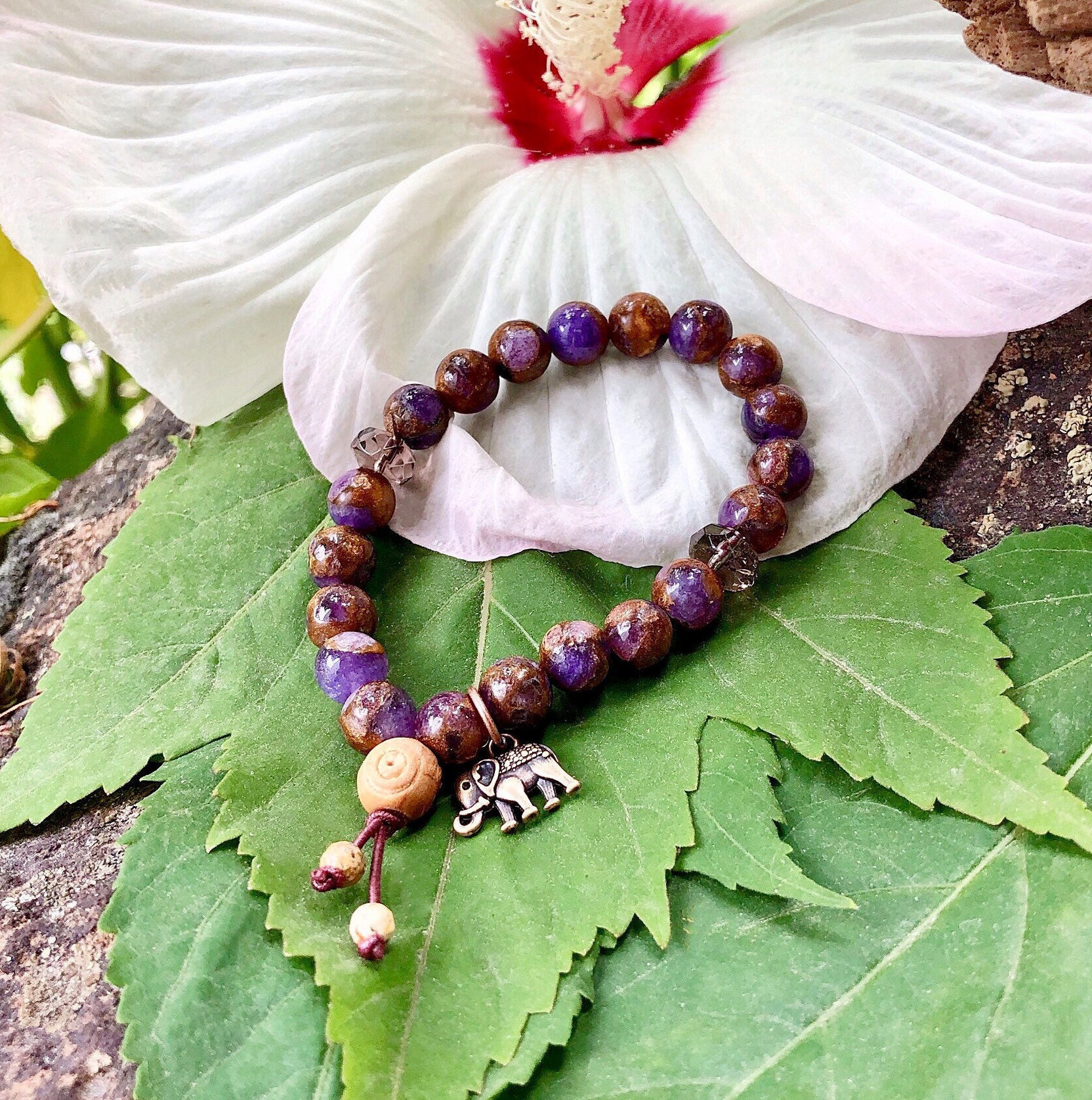 Cosmic Healer Mala Bracelet Lavender Opal w/ Bronzite Marbled Quartz