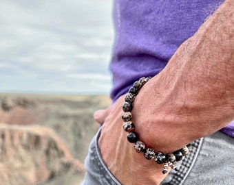 Men’s Galaxy Mala Bracelet | Mexican Red Snowflake Obsidian | Reiki Energy Infused | Overall Healing | Manifestation | Protection | Growth