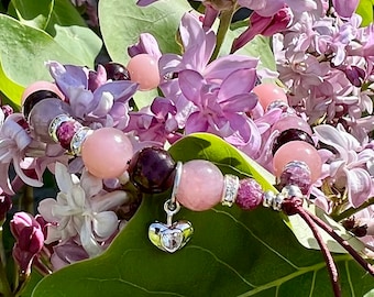 Twin Flame Mala Bracelet | Genuine Ruby | Soft Pink Opal | Red Garnet | Madagascar Rose Quartz | 14kt Gold Plated Heart Charm | Soul Love