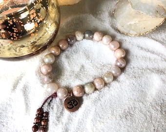 Divine Moon Mala Bracelet | Peach Moonstone | Picture Jasper | Reiki Infused Gemstones | Releases Tension | Balances Emotions | Clairvoyance