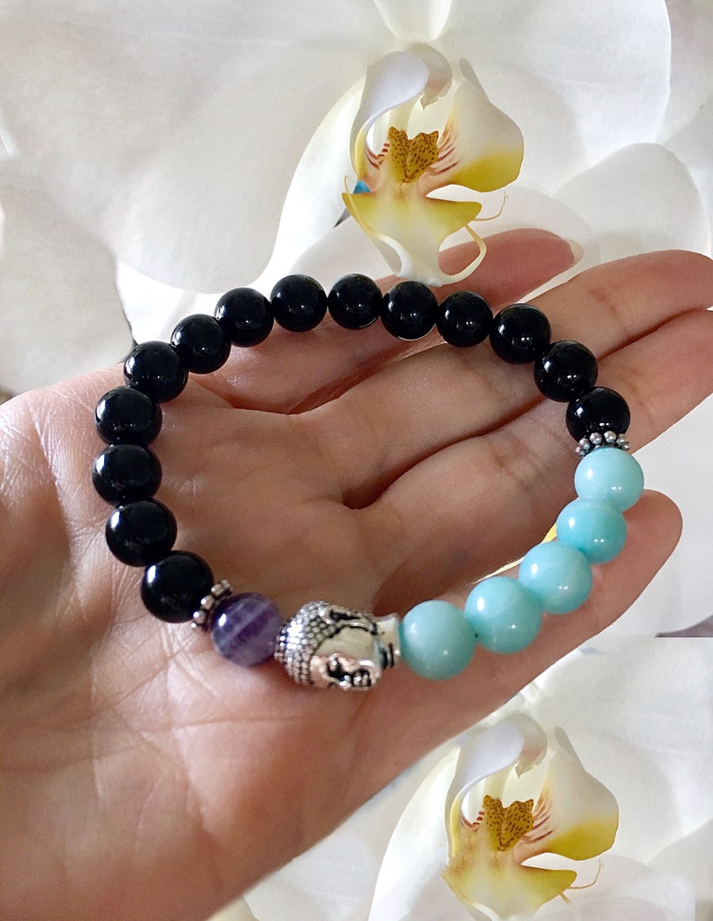 Meditation Black Onyx Alignment Prana Mala Bracelet Amethyst Crystal Mala Beads Reiki Healing Clears Confusion Amazonite