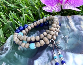 Time For Change Mala Bracelet | AAA Peruvian Amazonite | AAA Lapis Lazuli | Natural Gray Wood | 4-Wrap Bracelet | True Self | Moving Forward