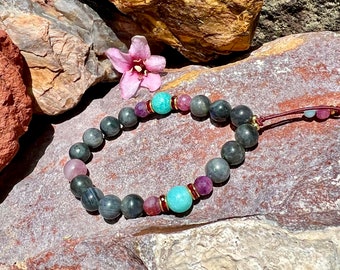 Mystic Haze Mala Bracelet | Deep Grey Labradorite | Burmese Ruby | Peruvian Amazonite | Madagascar Rose Quartz | Third Eye | Intuition