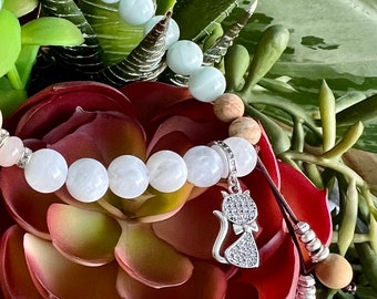 Cat Spirit Mala Bracelet | AAA White Green and Peach Moonstone | Picture Jasper | Silver Charm | Intuition | Clairvoyance | Inner Knowing