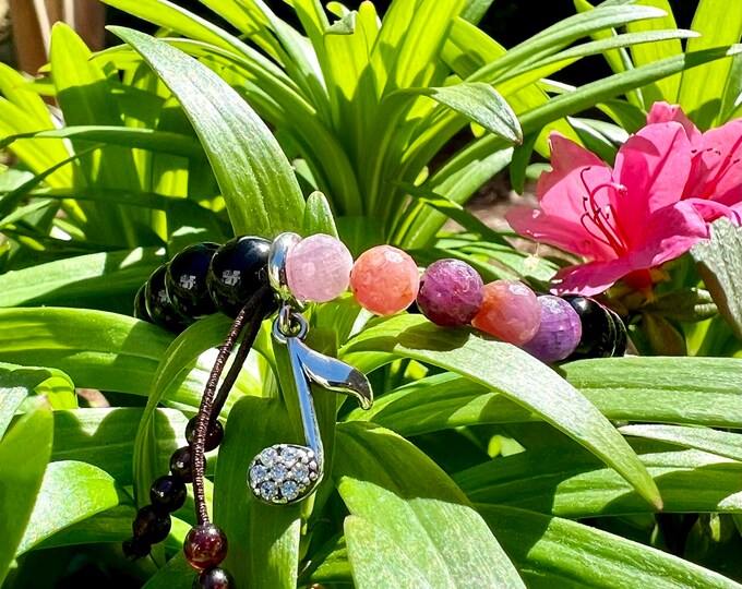Featured listing image: NEW! Music Mala Bracelet | Beautiful Natural Ruby | Black Onyx | Blue Apatite | Red Garnet | Sterling Silver Musical Charm | Inspiration