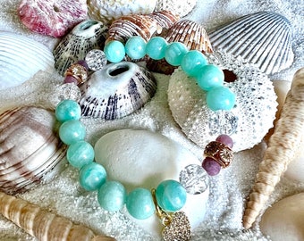 Ocean Waves Mala Bracelet | AAA Peruvian Amazonite | Genuine Ruby | Clear Crackle Quartz | Natural Luxury Gemstones  | Peaceful Bliss