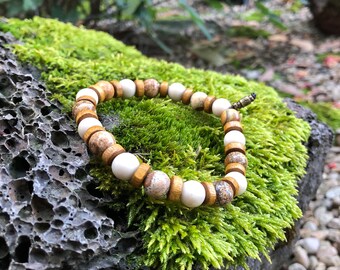 Men’s Tranquil Mala Bracelet | Picture Jasper | Ivory Fossil Jasper | Coconut Shell | Natural Gemstone Beads | Comforting | Ultra Calming