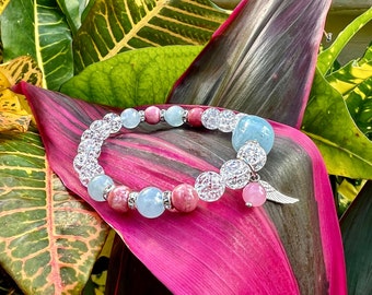 Dancing Light Mala Bracelet | Clear Quartz | Luscious Aquamarine | Australian Rhodonite | Rose Quartz | Sparkling Happiness | True Self